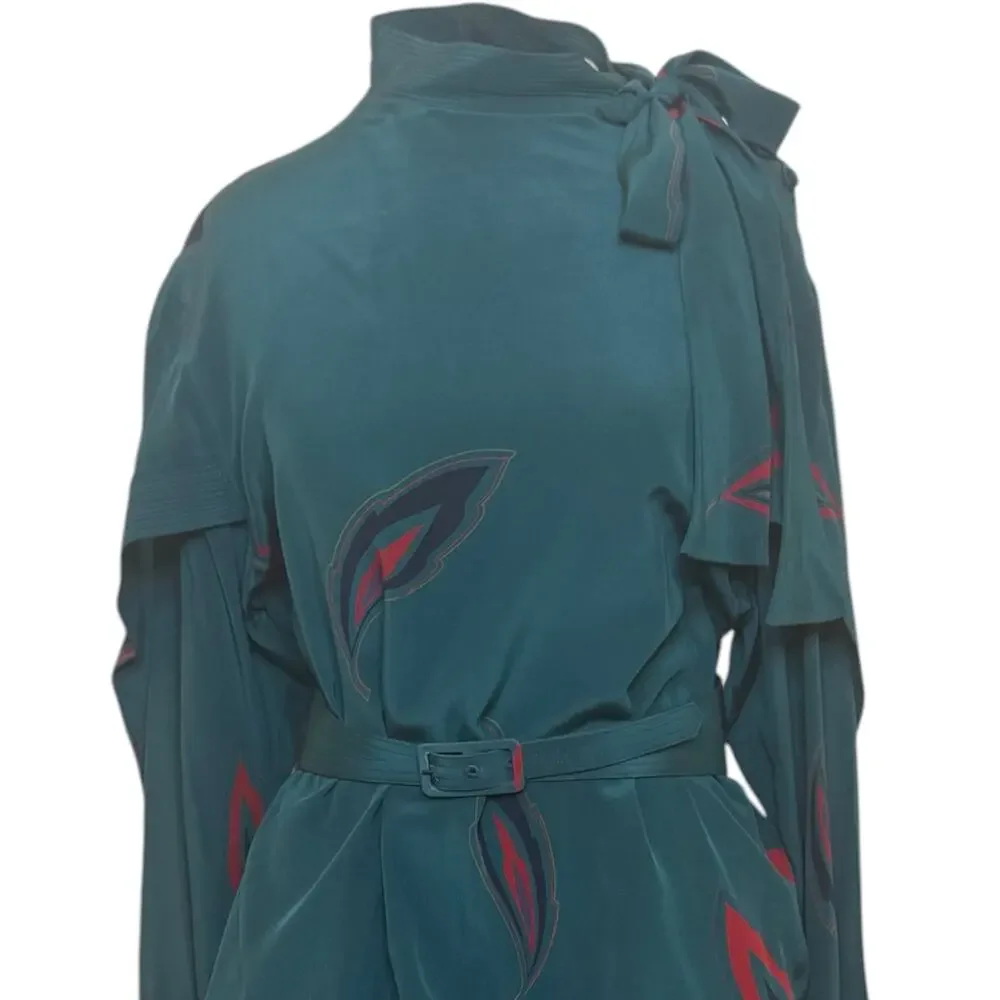 Vintage Albert Nipon 100% Silk Skirt Blouse Set with Belt Feather Print